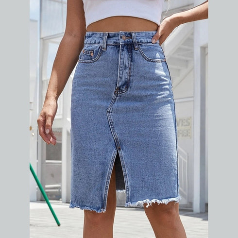 'Khaleesi' Raw Hem Slit Denim Skirt - Celes Fashion